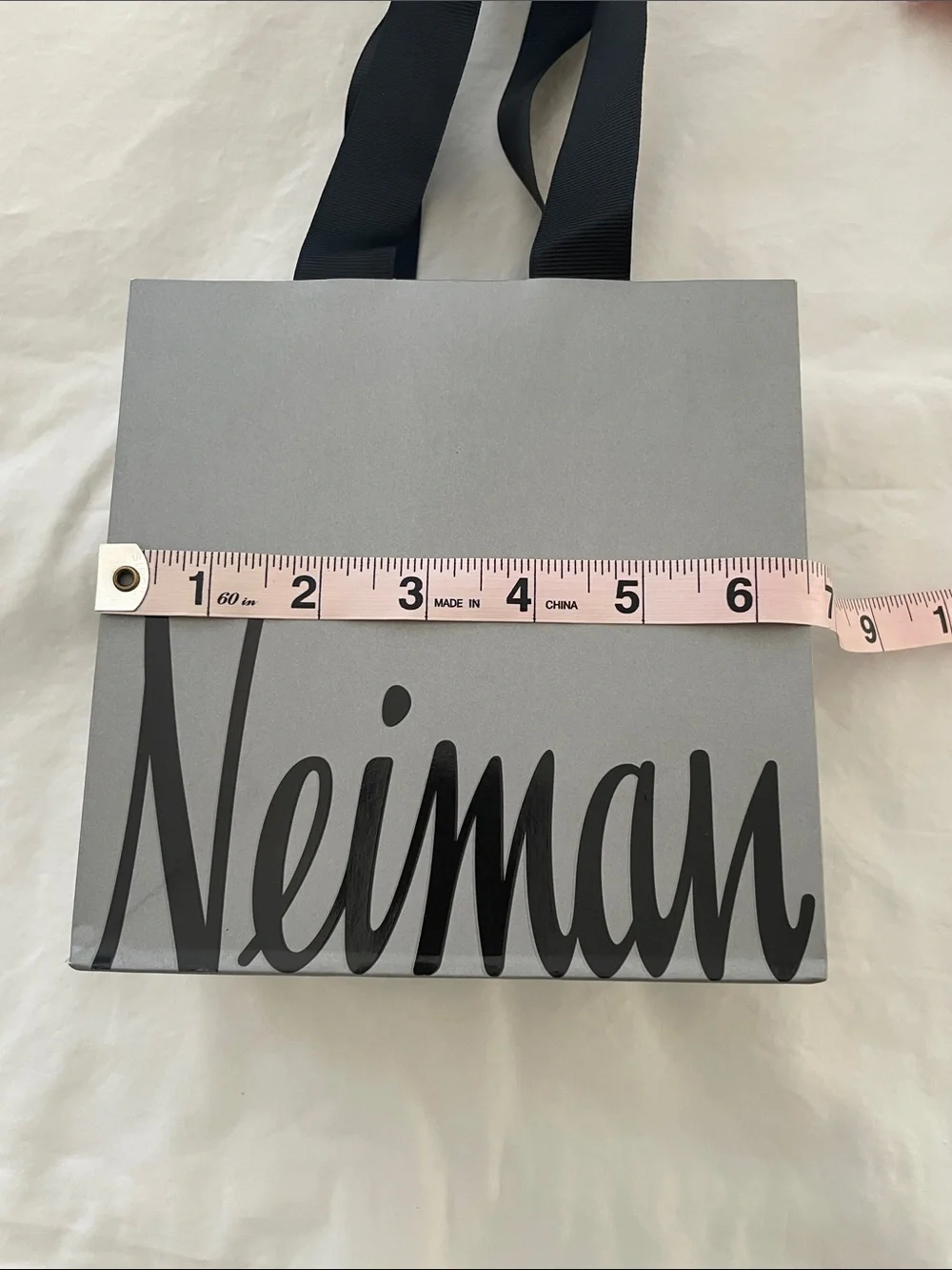 Neiman Marcus Gray Shopping Bag with Black Ribbon Handles